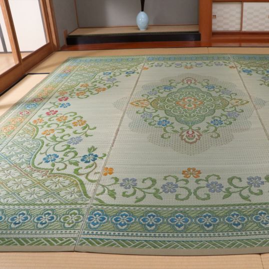 【I】【代引不可】イケヒコ 国産い草 花ござ 上敷き アシック グリーン 約176×176cm(江戸間2畳)　カーペット ラグ   【北海道・沖縄・離島不可】Ω