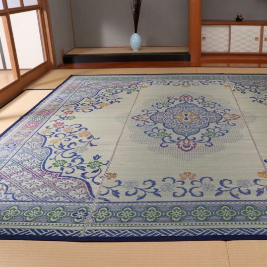 【I】【代引不可】イケヒコ 国産い草 花ござ 上敷き アシック ネイビー 約176×261cm(江戸間3畳)　カーペット ラグ   【北海道・沖縄・離島不可】Ω